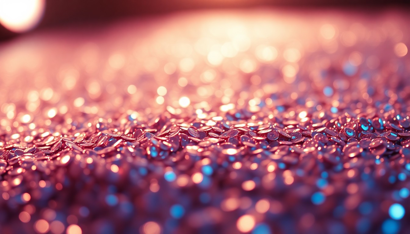 An extreme close-up photograph of shimmering, glittering sequins under dramatic studio lighting, capturing the glamour and luxury associated with the entertainment industry.