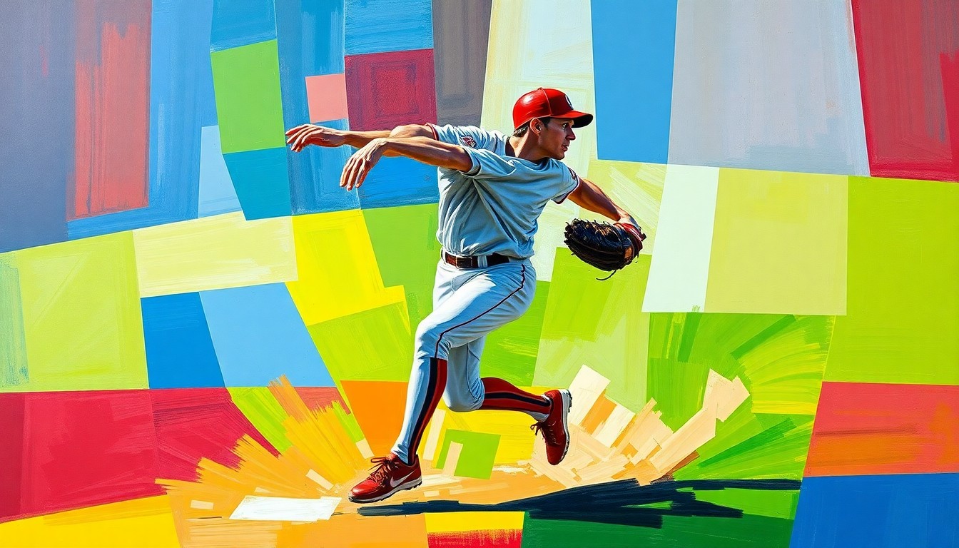A cubist, geometric painting depicting a baseball infielder in action, with sharp, overlapping planes of vibrant colors like crimson, cobalt blue, and chartreuse, conceptually representing the competitive nature of the Red Sox's infield.