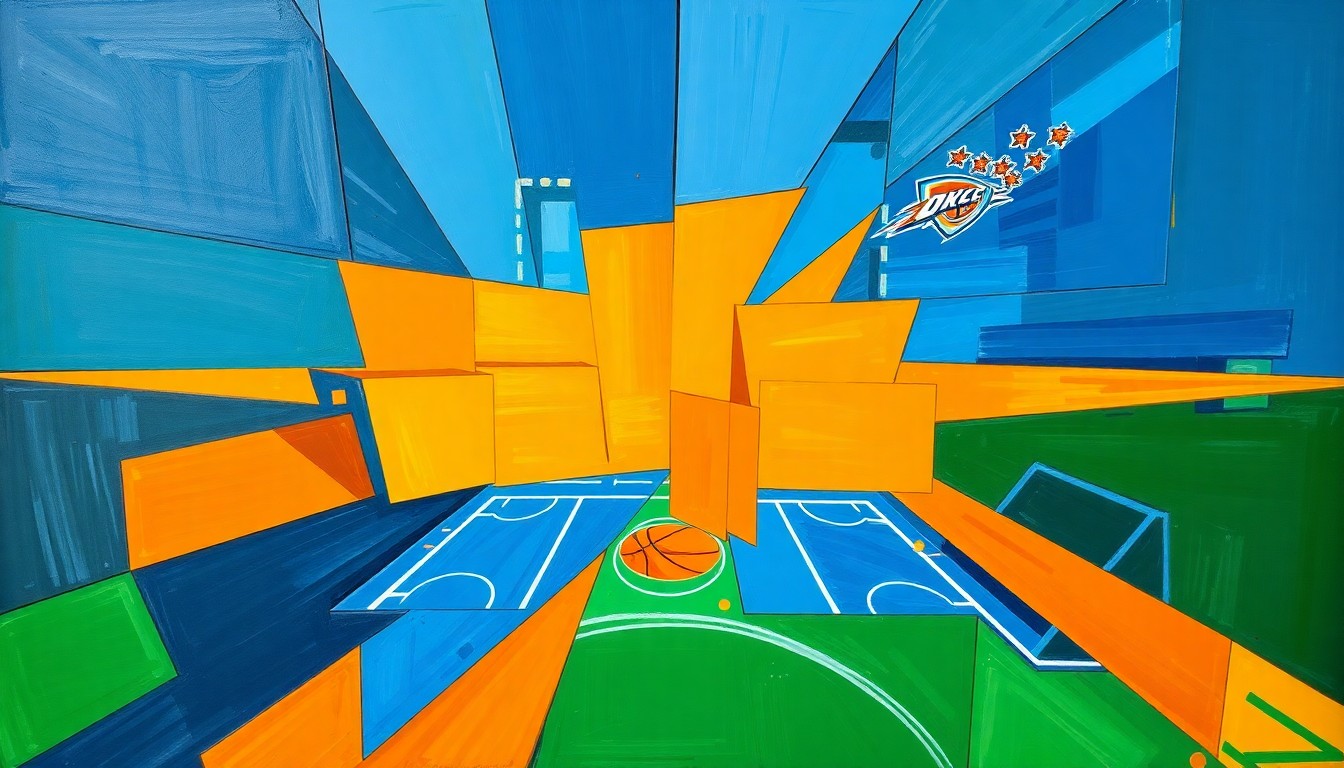 A fragmented, geometric painting depicting a basketball game between the Memphis Grizzlies and Oklahoma City Thunder, with sharp, overlapping planes of vibrant blue, orange, and green colors.