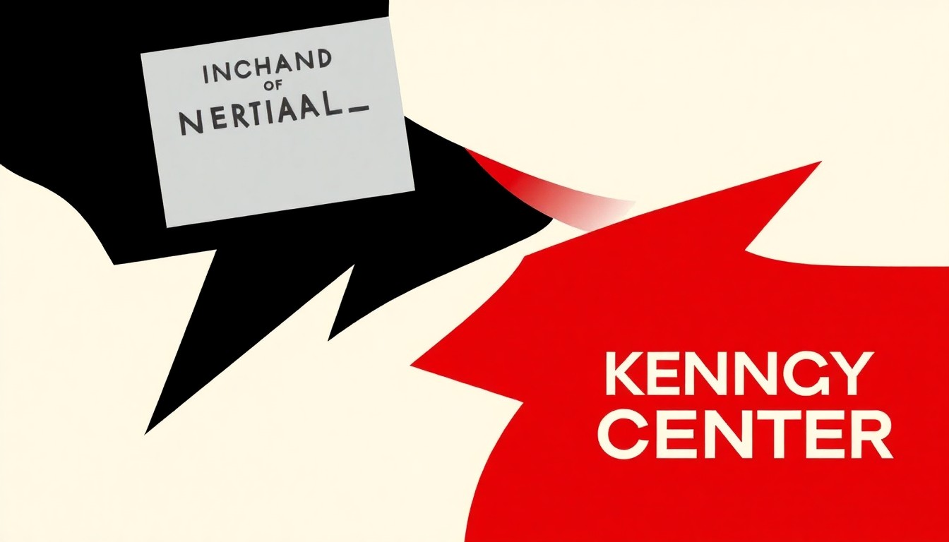 An abstract composition of stark, angular black shapes against a bright red background, conceptually representing the separation between two prominent arts organizations.