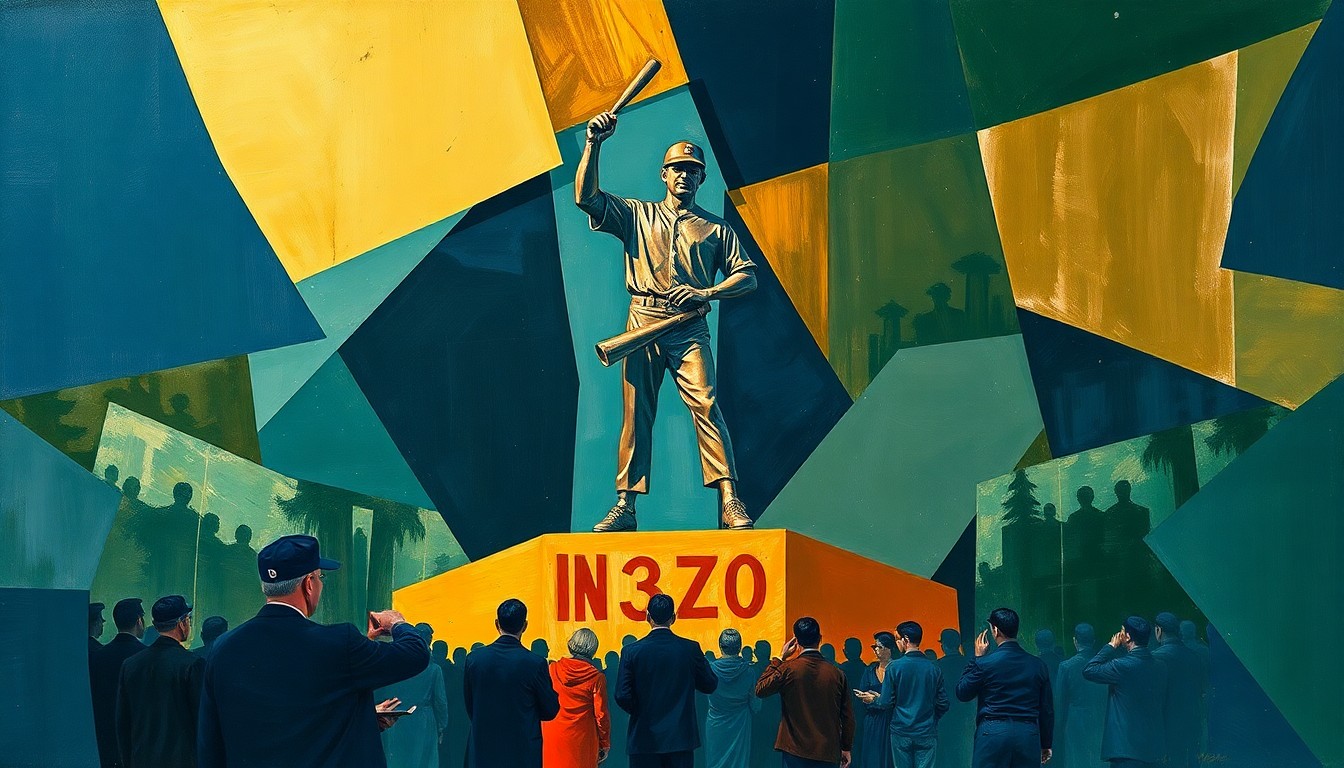 A cubist, geometric painting depicting the broken Ichiro statue in abstract, overlapping planes of navy, green, and bronze, conceptually representing the technical issues that disrupted the statue's unveiling ceremony.
