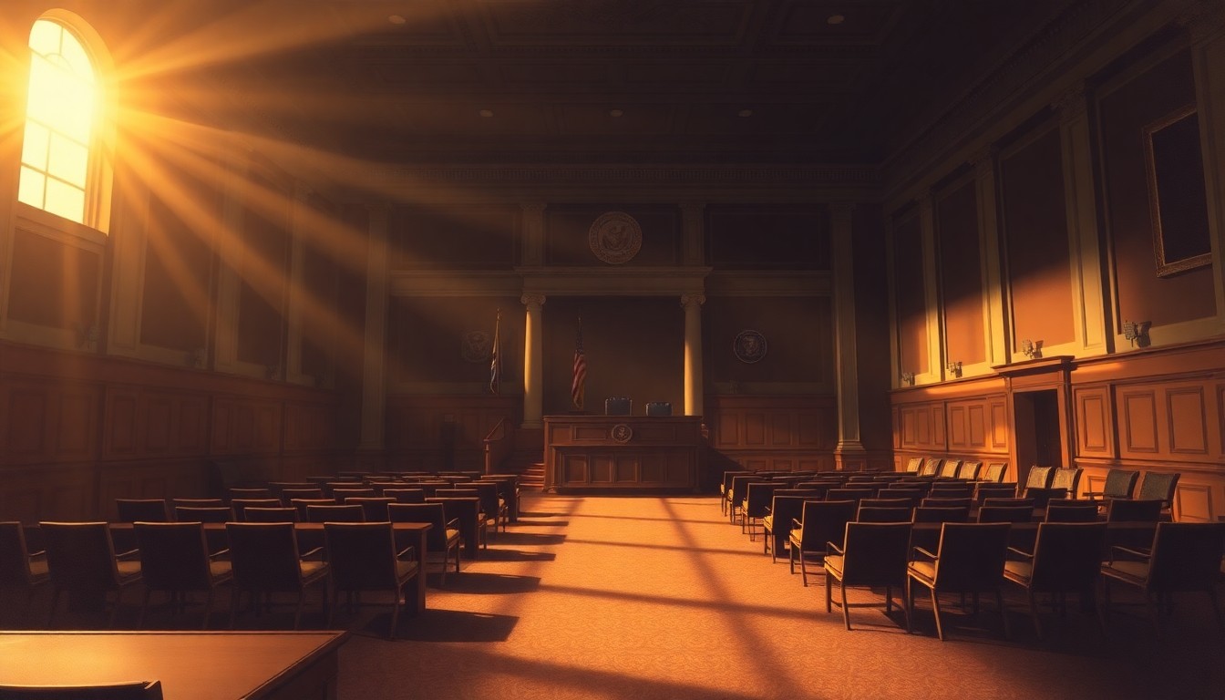 A dimly lit, cinematic painting of an empty congressional hearing room, with warm sunlight streaming in through the windows and deep shadows casting a somber mood. The room feels isolated and disconnected, reflecting the growing partisan divide in American politics.