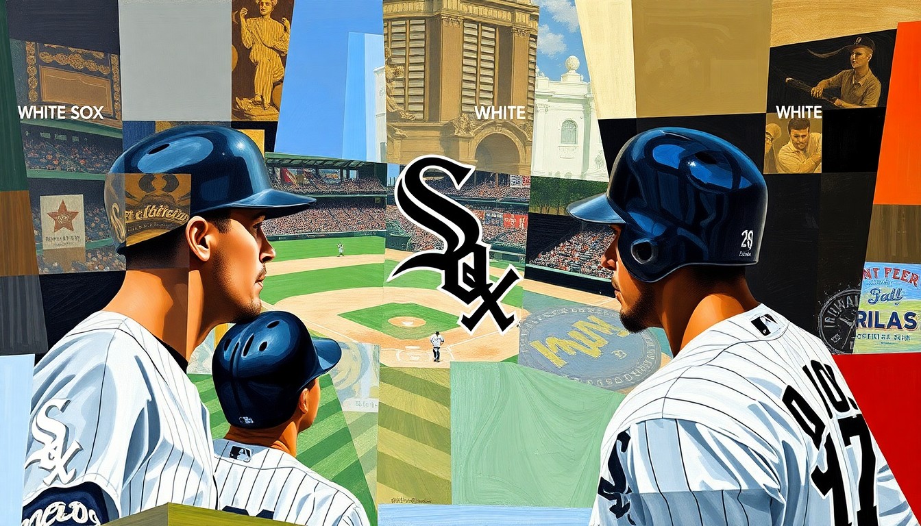 A cubist, geometric painting depicting a fragmented baseball game, with the players' uniforms and the White Sox logo broken down into overlapping planes of color and shape.