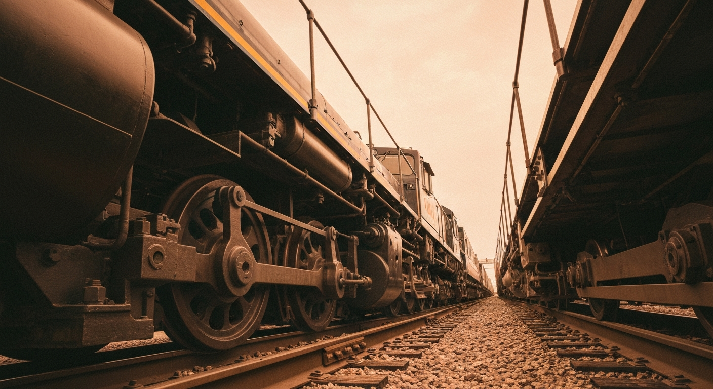 A highly detailed, cinematic close-up of heavy, industrial railroad machinery and equipment, conveying the scale and complexity of Union Pacific's transportation network without using any text or symbols.