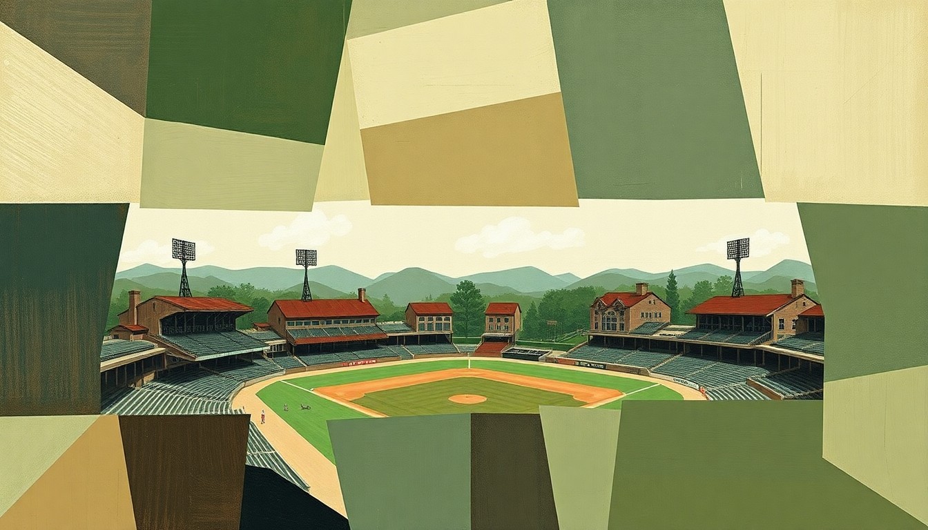 A cubist-style painting depicting the historic Wahconah Park baseball stadium broken down into sharp, overlapping geometric shapes and planes in muted earth tones, conceptually representing the stadium's enduring legacy in the Pittsfield community.