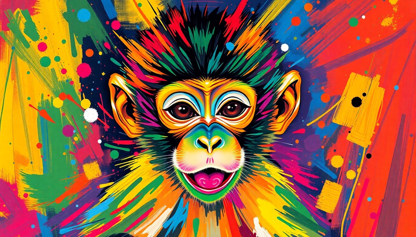 An abstract, expressionist painting in vibrant neon colors depicting the playful, energetic movements of a baby monkey, with its features and details blending into a dynamic, visually striking composition.