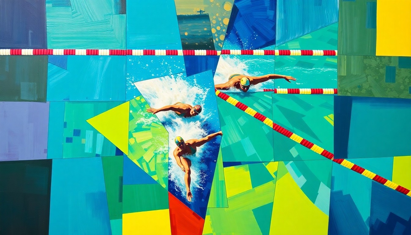 A cubist, geometric painting depicting a swimming race, with overlapping planes of color and movement, capturing the strategic decisions and competitive energy of the event.