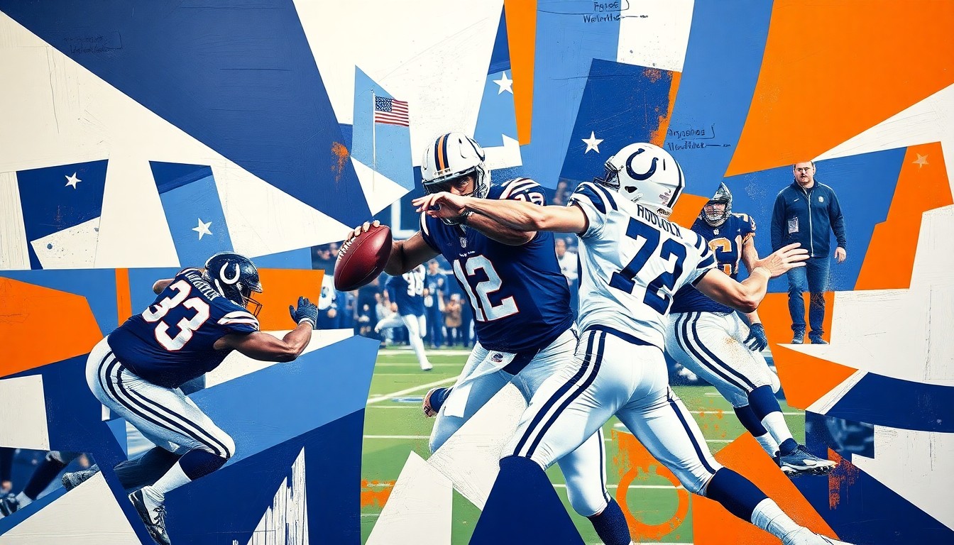 A cubist, geometric painting depicting a fractured, multi-angle view of a quarterback in motion, with sharp planes of navy blue, white, and burnt orange representing the Colts' team colors.
