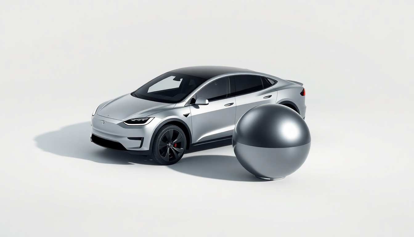A minimalist studio still life photograph featuring a sleek, silver Tesla Cybertruck model and a shiny, metallic sphere representing an autonomous driving sensor, arranged elegantly on a clean, white background to conceptually illustrate Tesla's cost-efficient approach to autonomous driving technology.