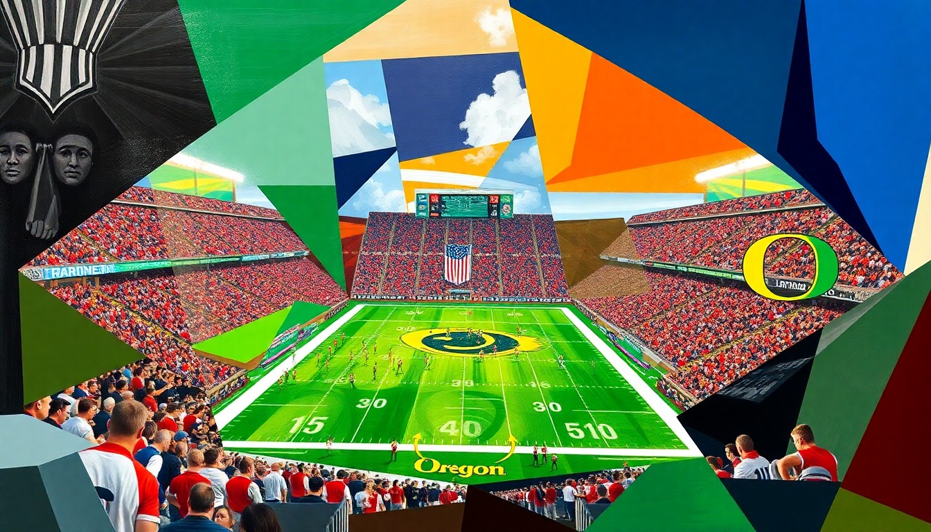 A cubist, geometric painting depicting a football game, with overlapping planes of color and shape representing the action on the field.