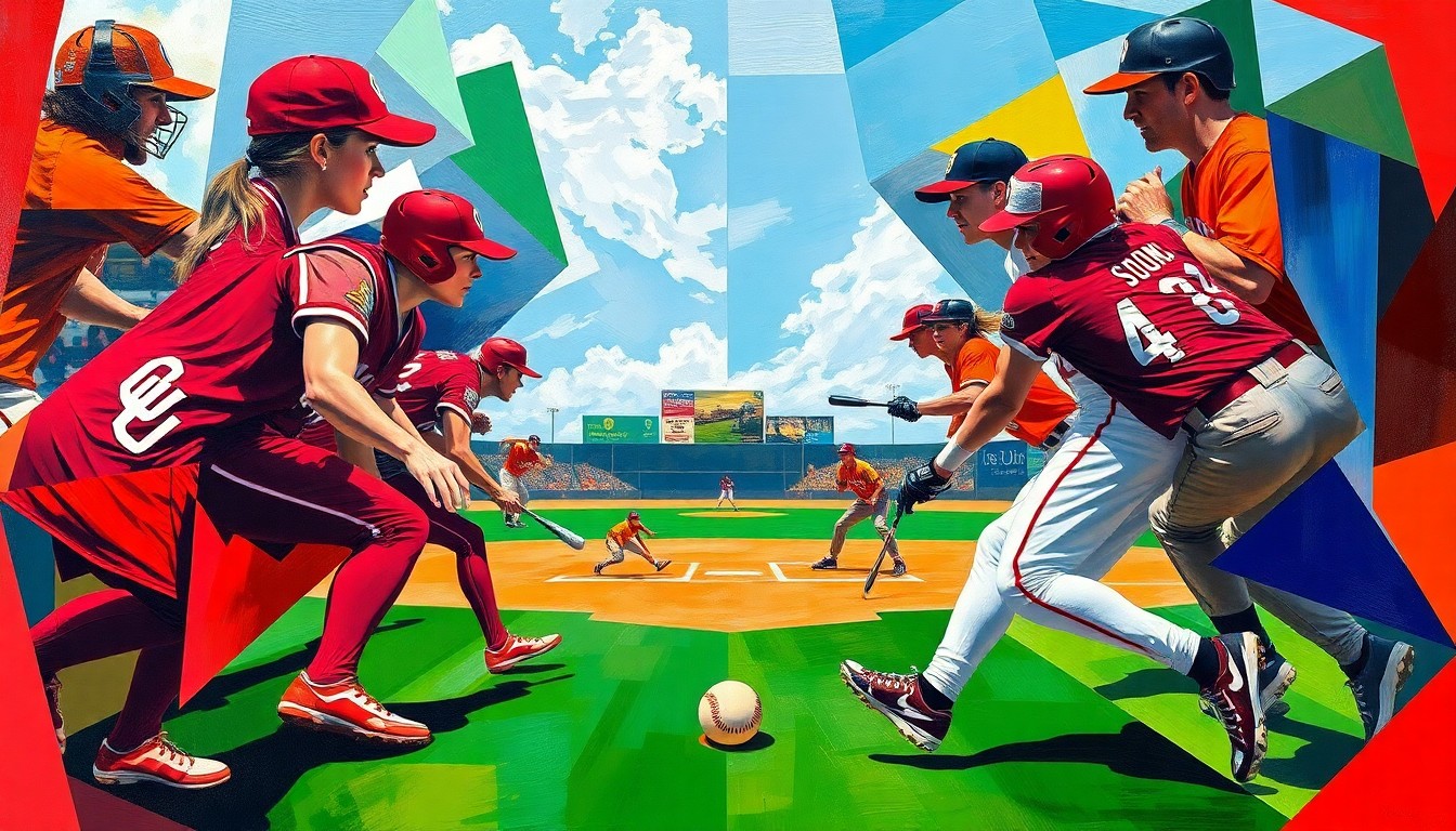 A fractured, cubist-style painting depicting the dynamic action of a softball game, with the players and ball represented as angular, overlapping geometric shapes in the Sooners' crimson and cream colors.