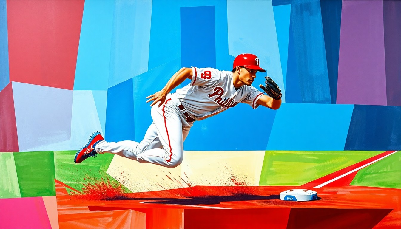 A fractured, cubist-style painting depicting a baseball player in mid-stride, their body broken down into sharp, overlapping geometric shapes in the Phillies' team colors, capturing the dynamic motion and energy of a stolen base.