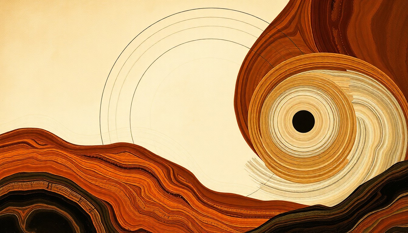 A highly structured abstract painting in earthy tones, featuring sweeping geometric arcs, concentric circles, and precise spirals, conceptually representing the complex geological forces and volcanic activity in the Mammoth Lakes region.