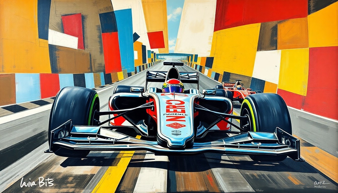 A cubist, geometric painting depicting a Formula 1 race, with sharp, overlapping planes of color and shape representing the fragmented perspectives and pressures of the media landscape.