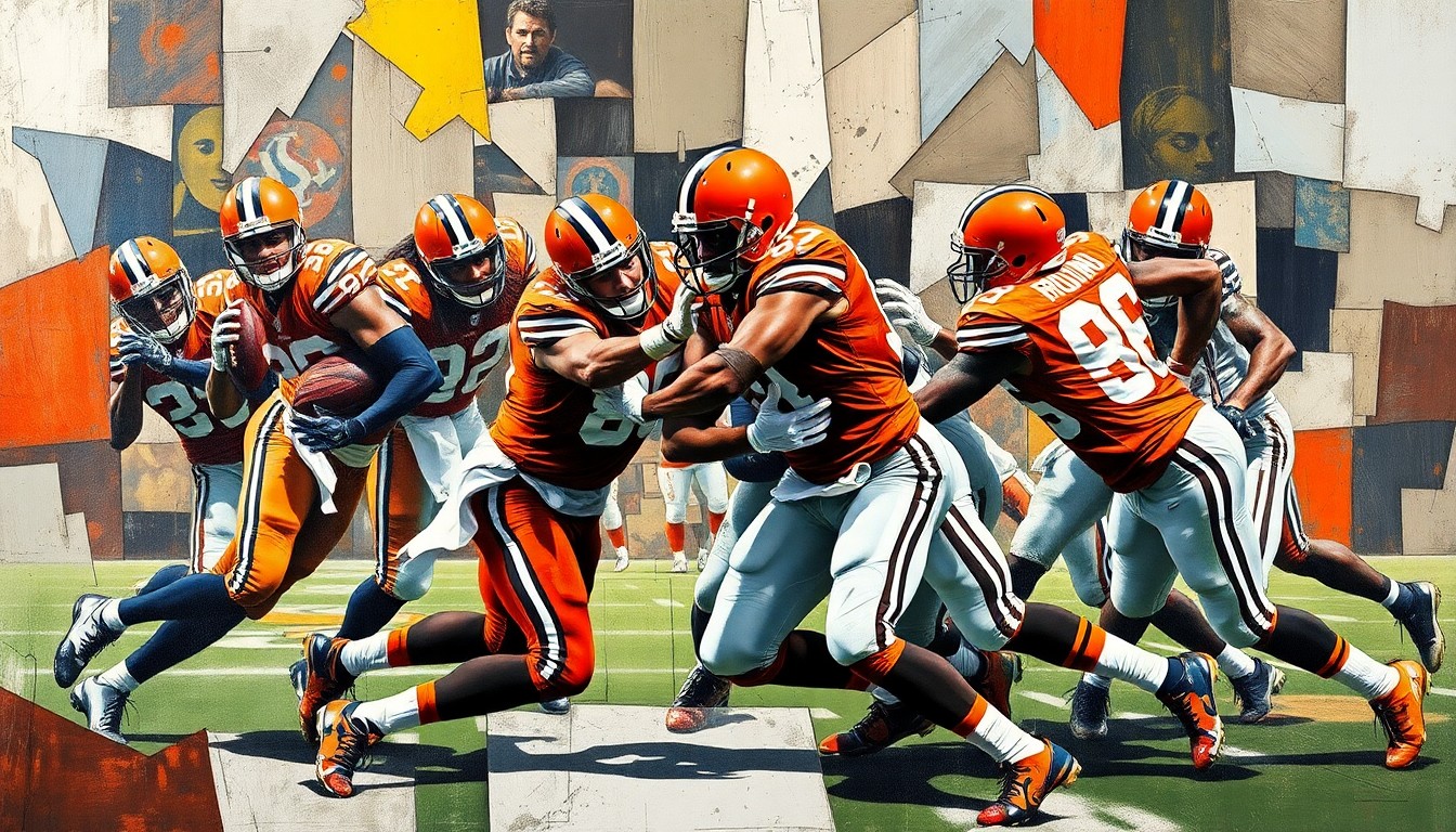A cubist, geometric painting depicting a Browns defensive play, with the players' forms broken down into sharp, overlapping planes that capture the raw energy and motion of the game.