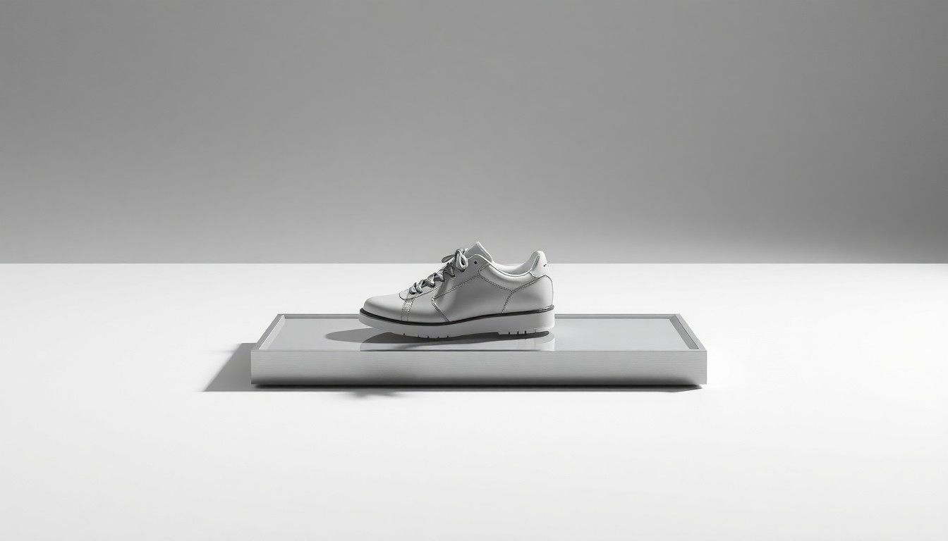 A photorealistic studio still-life image featuring a polished, geometric shoe display made of premium materials like brushed metal and matte glass, arranged elegantly on a clean, monochromatic background with dramatic lighting and deep shadows, conceptually representing Shoe Carnival's corporate strategy and financial performance.
