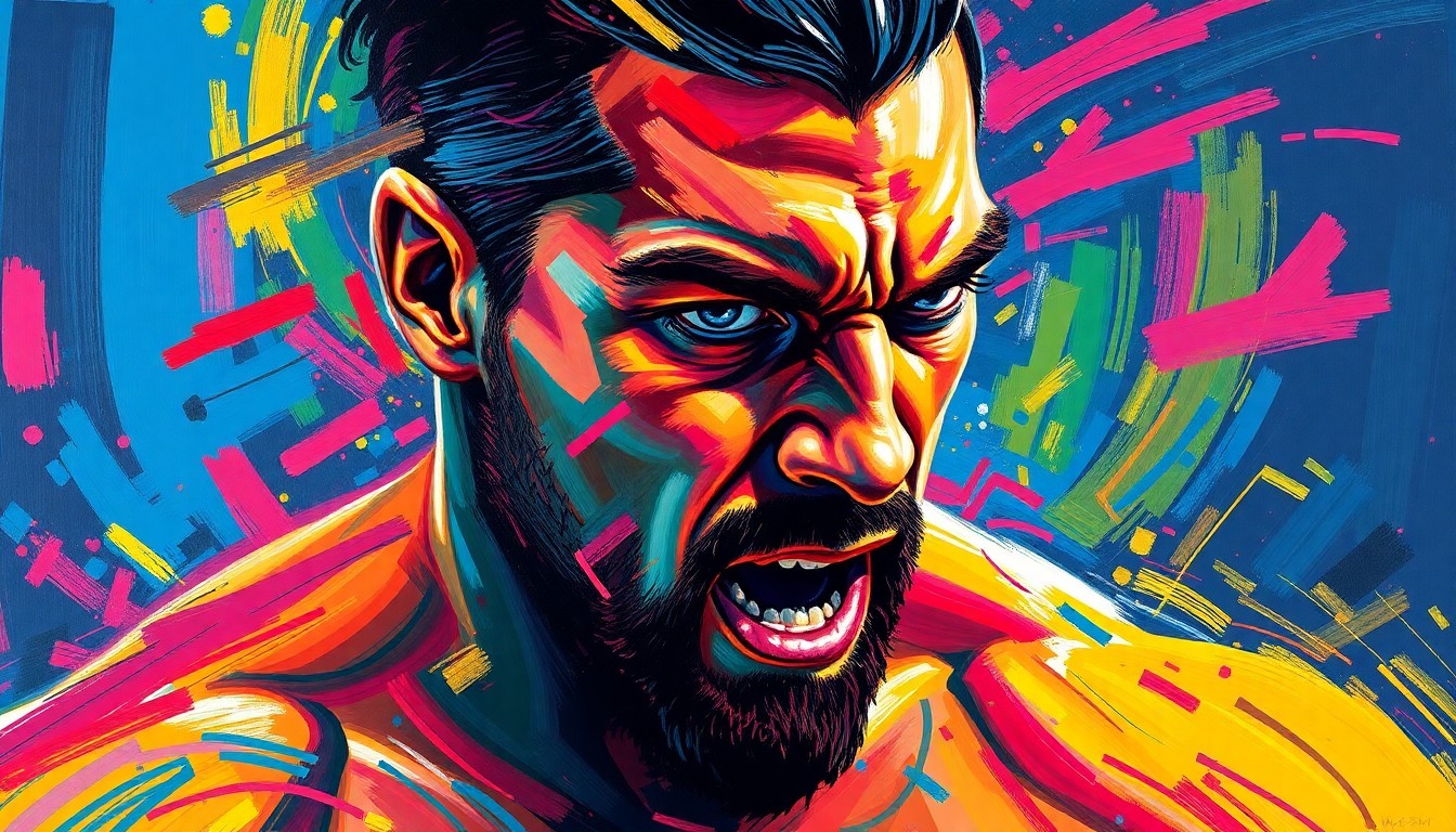 An abstract, expressionist painting featuring bold, neon-colored brushstrokes that capture the raw energy and intensity of Tony D'Angelo as he prepares for his NXT Championship match, with his face and figure partially obscured by the dynamic movements on the canvas.