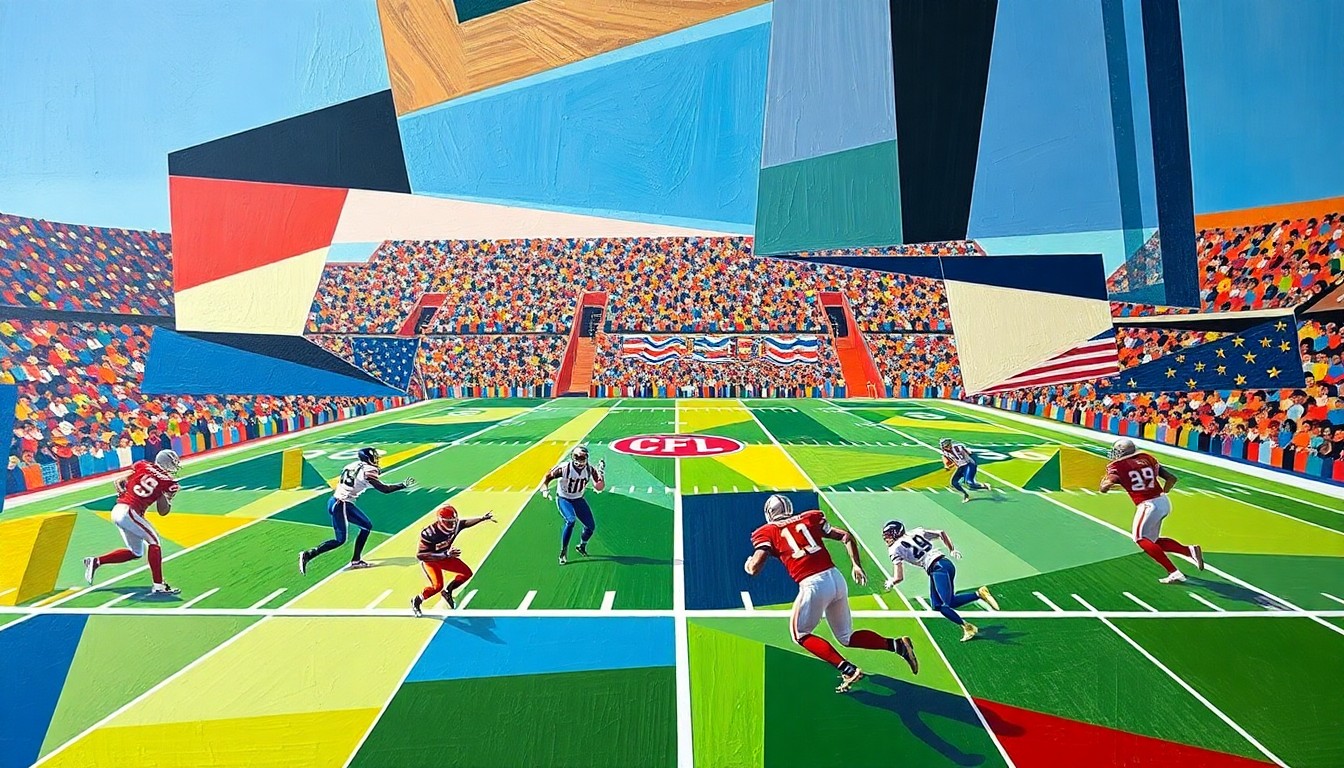 A cubist, geometric painting depicting a CFL football game in abstract, fragmented shapes and planes of color, capturing the dynamic energy and strategic complexity of the sport.
