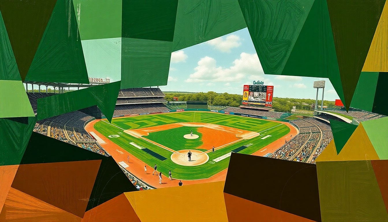A cubist-style painting depicting a college baseball game, with the players and field broken down into sharp, overlapping geometric shapes in shades of green, brown, and white, conveying the dynamic energy and tension of the game.