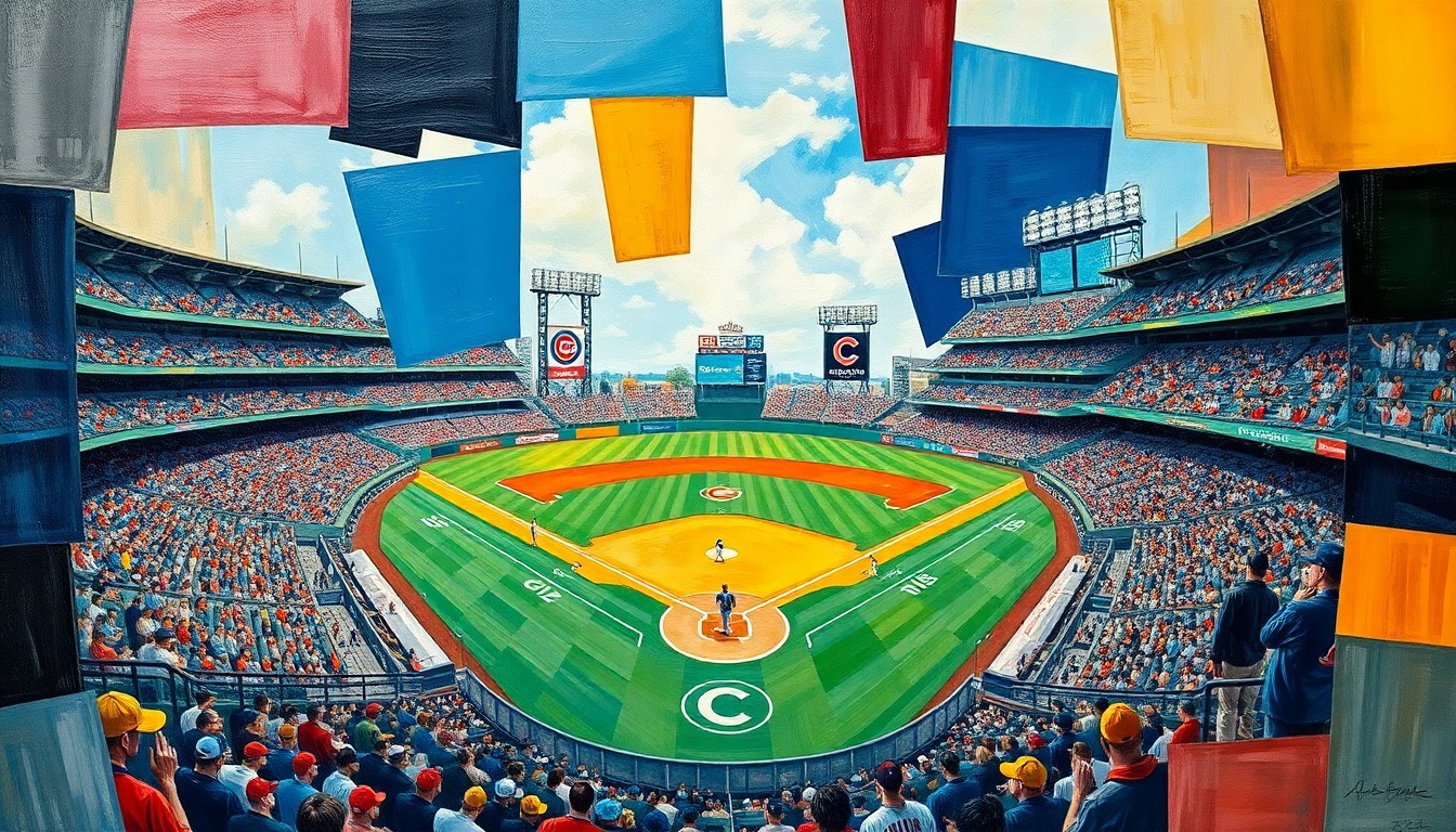A fragmented, geometric painting depicting a baseball game in progress, with the players and field broken down into sharp, overlapping shapes and planes, conveying the intensity and unpredictability of the contest between the two teams.