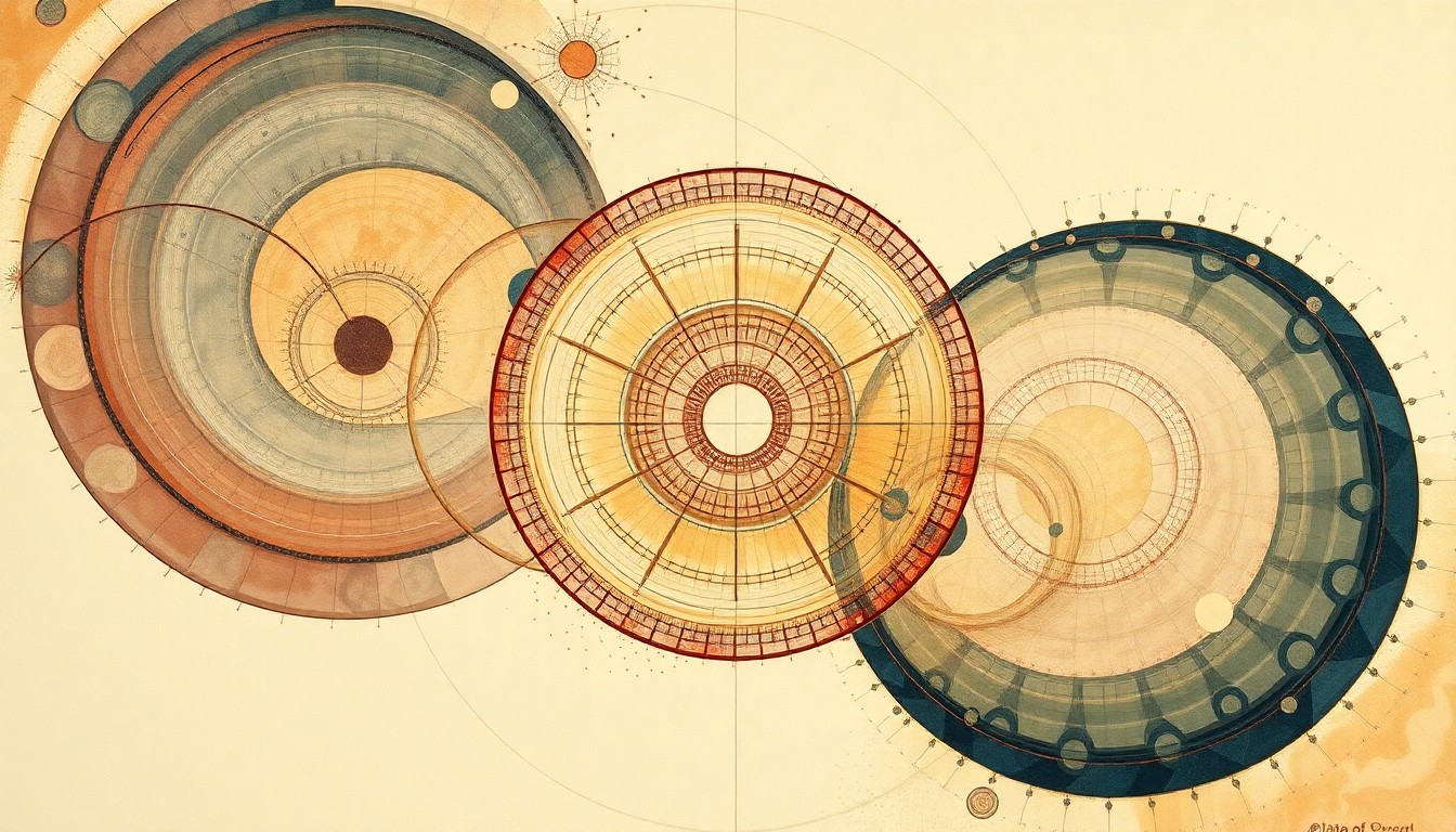 A highly abstract, geometric painting in soft, muted colors depicting sweeping arcs, concentric circles, and precise spirals, representing the complex forces and structures underlying protein design and nanoribbons.