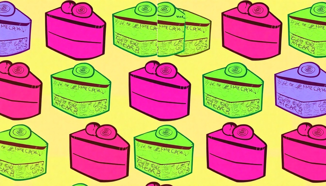 A highly stylized, pop art-inspired illustration featuring a repeating grid of a single, iconic cake or pastry item from Reeves Cake Shop, rendered in a bold, neon color palette with heavy black outlines, capturing the vibrant energy and unique character of the beloved local bakery.