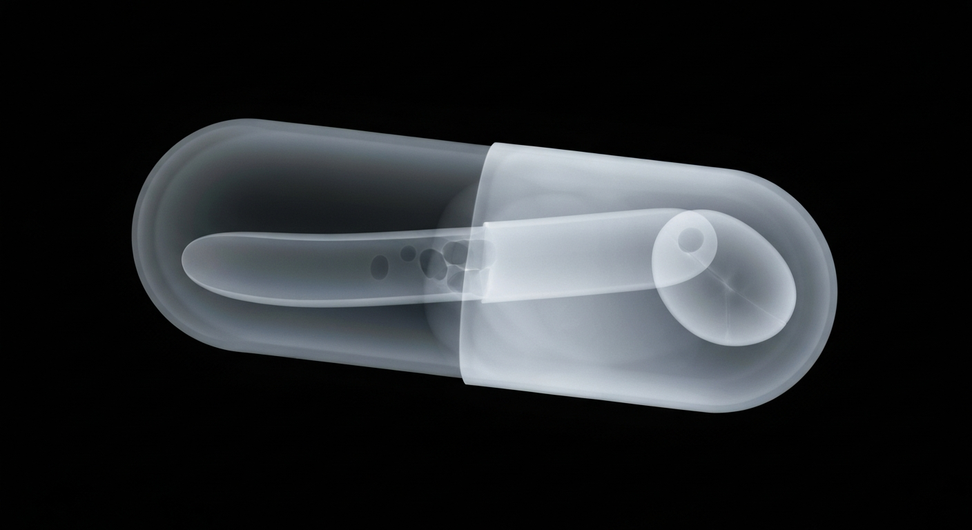 A translucent X-ray image showing the internal structure of an ADHD medication capsule, conceptually representing the new emergency prescription service in Victoria.