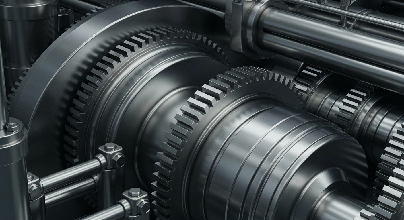 An extreme close-up of intricate, shiny metal gears and machinery, conceptually representing the industrial and financial strength of a successful food manufacturing company.