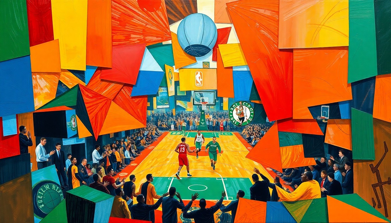 A fractured, cubist-style painting depicting a basketball game between the Houston Rockets and Boston Celtics, with sharp geometric shapes and vibrant colors capturing the energy and intensity of the match.