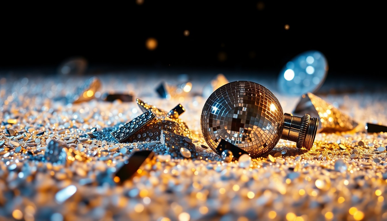 An abstract, close-up image of shimmering sequins and shattered glass, capturing the high-fashion glamour and visual spectacle of Sabrina Carpenter's Coachella headline performance.