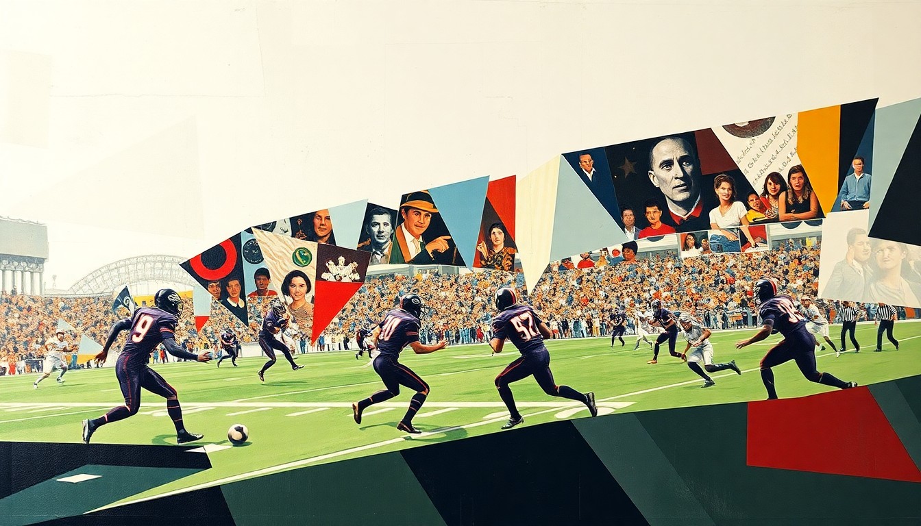 A cubist, geometric painting depicting a fractured football field and players, conveying the intensity and high-stakes decision-making of the sport.