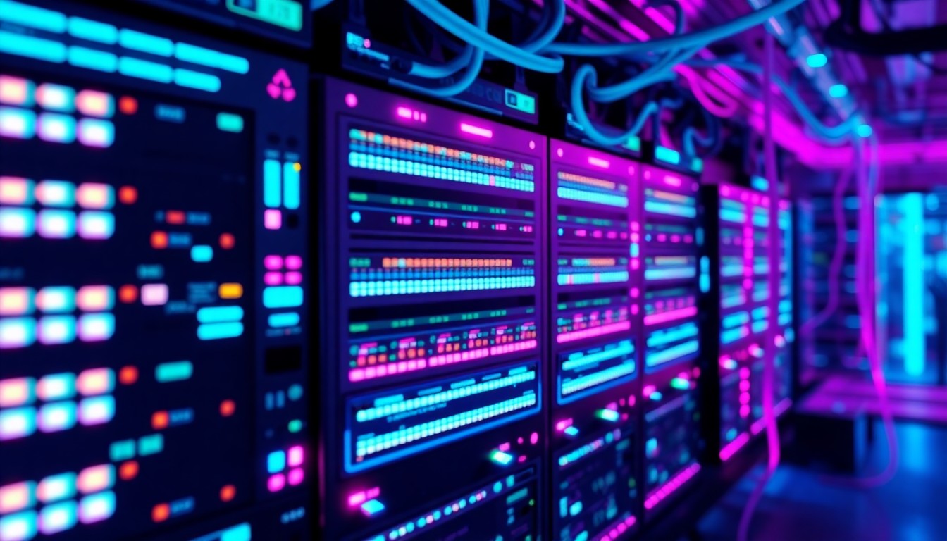 A highly detailed, glowing 3D illustration of a network operations dashboard or infrastructure, with various physical technology components like servers, switches, and cables illuminated by vibrant neon lights, conveying the complexity and importance of around-the-clock network monitoring and management.