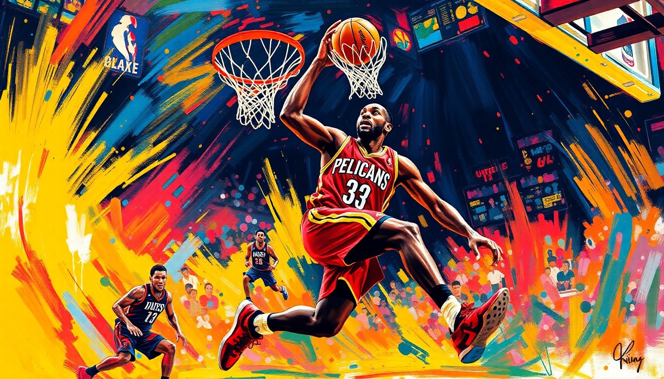 A vibrant, expressionist painting featuring bold, neon-colored brushstrokes that capture the raw energy and scoring prowess of a basketball player in motion, conceptually representing Saddiq Bey's standout performance for the New Orleans Pelicans.