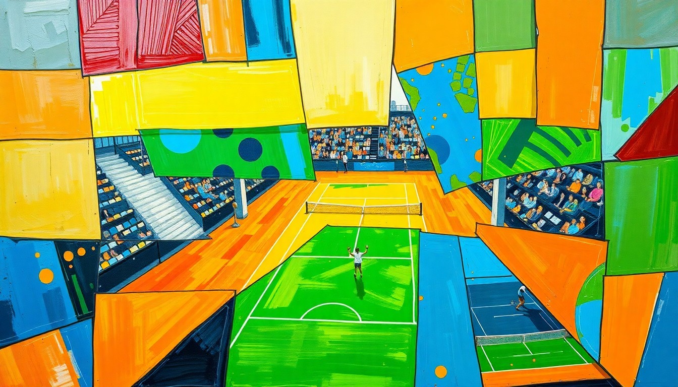 A cubist, geometric painting depicting a fragmented tennis court and match action, with sharp, overlapping planes of vibrant colors like electric blue, neon green, and fiery orange, conceptually representing the challenges of hosting a major tennis tournament in the face of unpredictable weather conditions.
