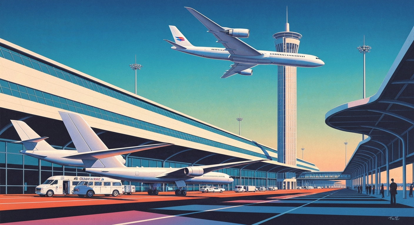 A highly stylized, Art Deco-inspired illustration depicting the grand scale and geometric forms of an airport terminal, with sweeping gradients and a sense of movement, conceptually representing the strategic changes in JetBlue's network.