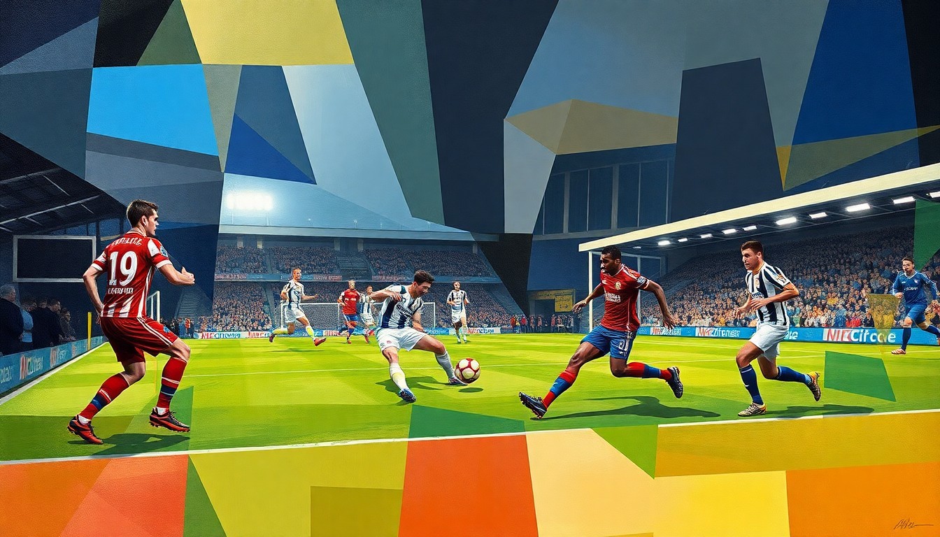 A fractured, multi-perspective painting in a cubist style, depicting the energy and movement of a League Two football match between Carlisle United and Sutton United through sharp, overlapping geometric shapes and planes.