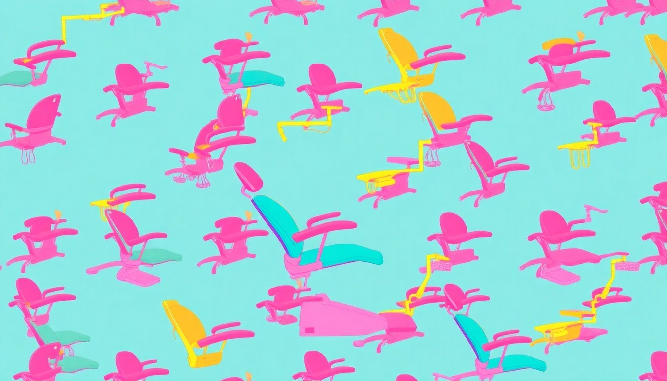 A bold, colorful silkscreen illustration featuring a repeating pattern of a dentist's chair in vibrant shades of pink, teal, and yellow, conceptually representing the opening of a new, state-of-the-art dental practice.