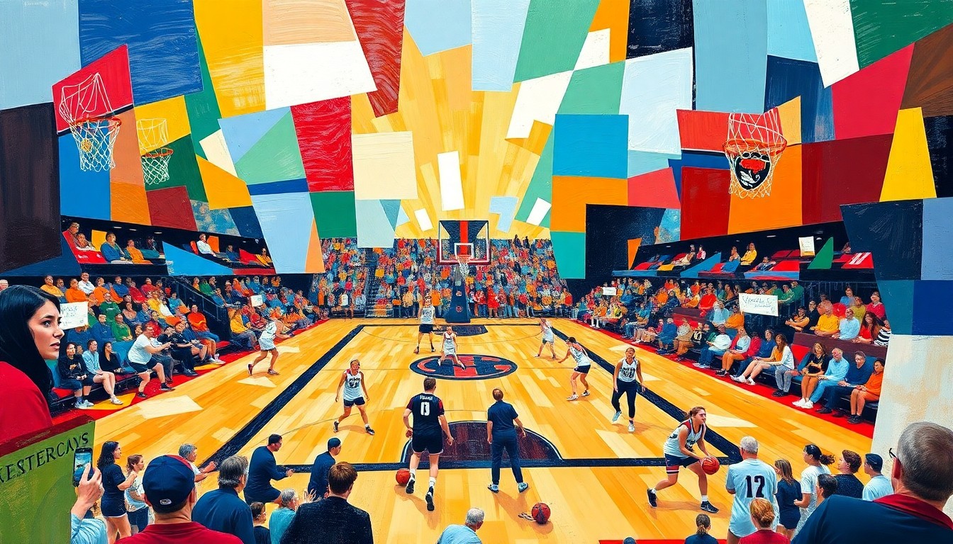 A fragmented, geometric painting depicting the dynamic movements and energy of a women's college basketball game, with overlapping planes of vibrant team colors representing the action on the court.