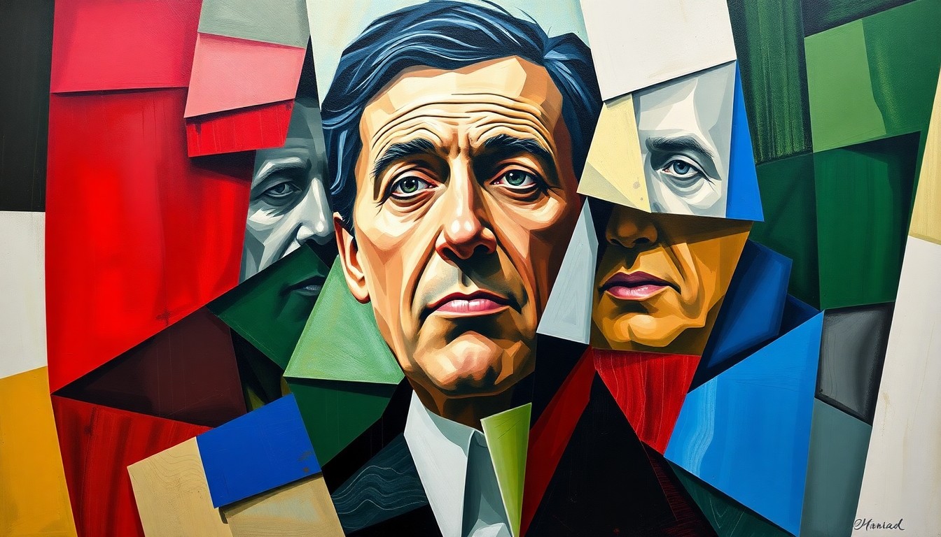 A cubist, geometric painting depicting the Italian national team's search for a new manager, with overlapping shapes and planes representing the various candidates and challenges involved in the decision.