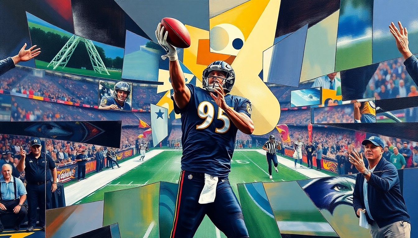 A cubist-style painting depicting a Ravens tight end catching a pass, with the player's body and the football broken down into sharp, overlapping geometric shapes and planes.