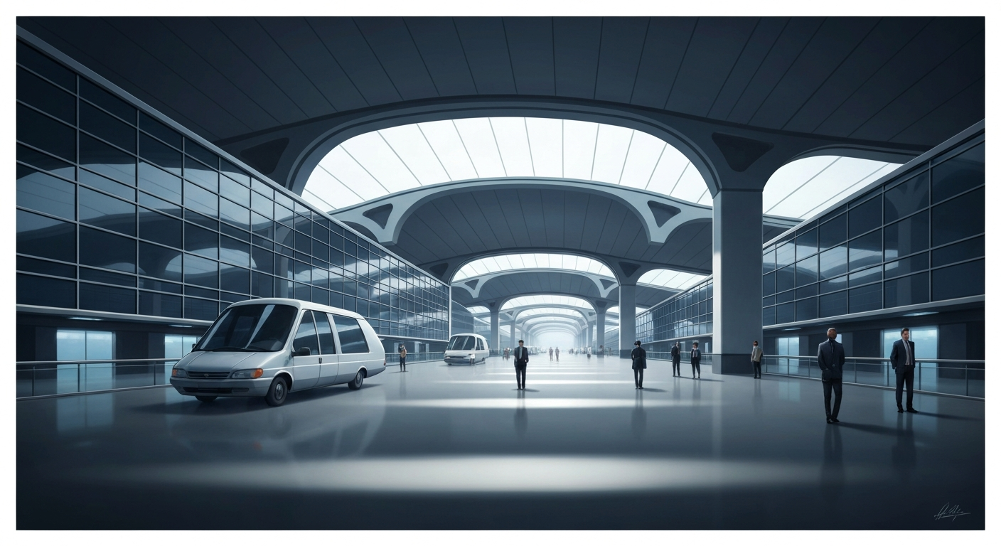 A highly stylized, geometric illustration depicting the grand scale and forced perspective of an airport terminal, with smooth, airbrushed gradients and sleek, streamlined forms, capturing the disruption and uncertainty caused by the presidential visit.