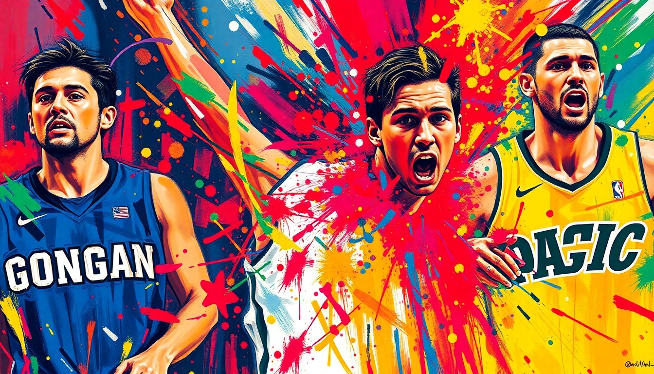 A dynamic, colorful painting with bold, expressive brushstrokes capturing the intensity and motion of a college basketball game, with players' forms and the court blending into a vibrant abstract composition.
