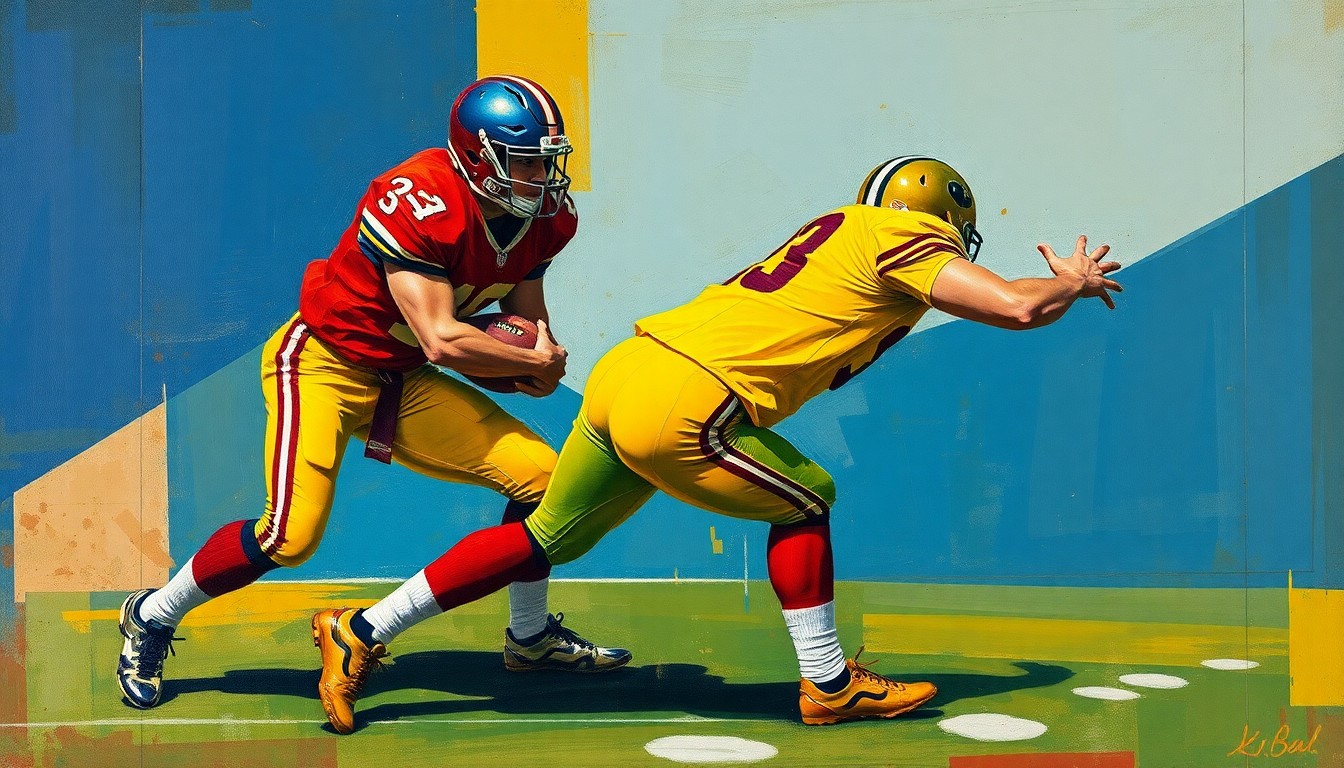 A cubist-style painting depicting a football player in a defensive stance, with their body and movements broken down into sharp, overlapping geometric shapes and planes in a variety of colors.