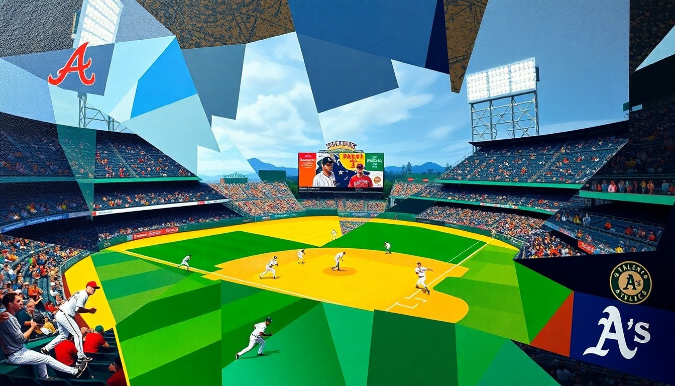 A fragmented, cubist-style painting depicting a baseball game between the Atlanta Braves and Oakland Athletics, with the players and field broken down into sharp, overlapping geometric shapes and planes in the team's colors.