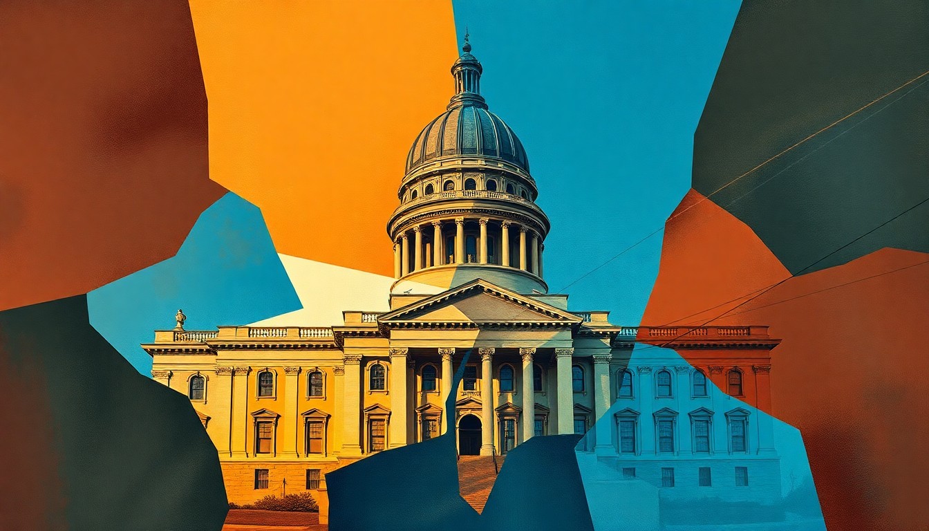 A vibrant, abstract painting featuring overlapping geometric shapes and brushstrokes in warm earth tones and cool blues, conveying the sense of urgency and complexity surrounding Colorado's budget crisis.