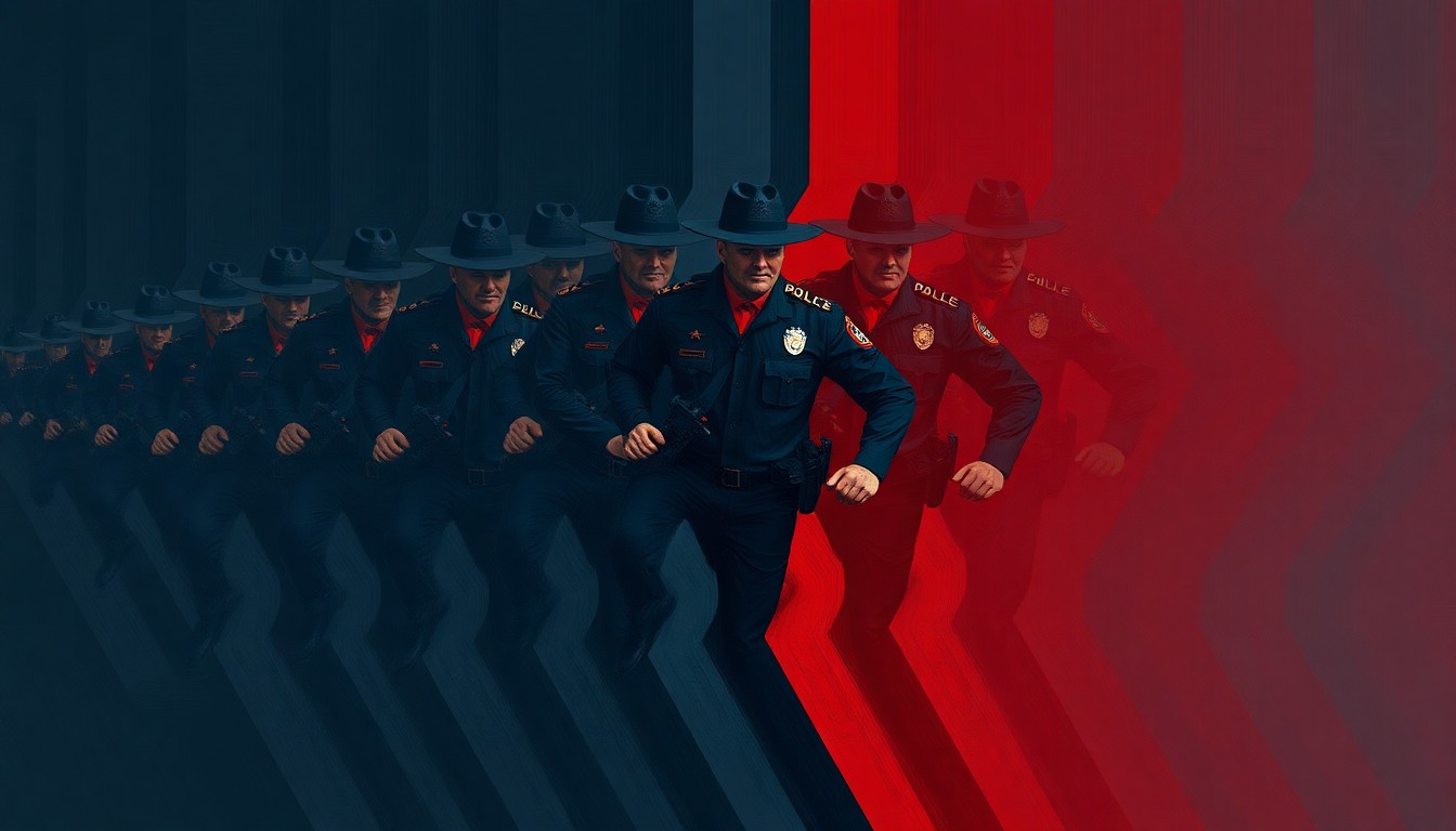 A dynamic, fragmented painting depicting the silhouette of a border patrol agent in motion, with overlapping geometric shapes and waves of dark blue, grey, and red colors, conveying a sense of movement and tension.