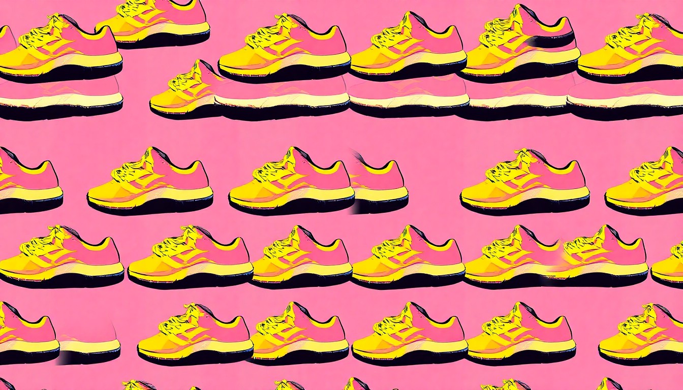 A vibrant, abstract silkscreen print featuring a repeated pattern of a running shoe in neon pink, yellow, and blue hues, conceptually representing the energy and community spirit of a charity running event.