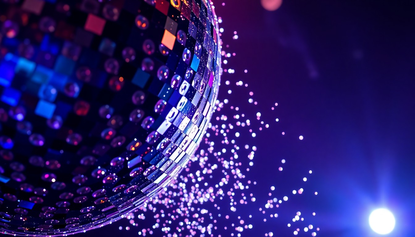 An extreme close-up photograph showcasing the intricate details and high-contrast lighting of glittering sequins and shattered disco ball fragments, capturing the glamorous essence of a live music event.