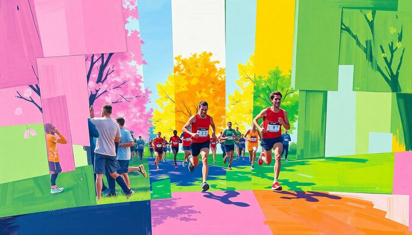 A cubist, geometric painting depicting a fragmented 5K running race, with overlapping planes of bright spring colors like pink, green, and yellow, capturing the energy and movement of the event.