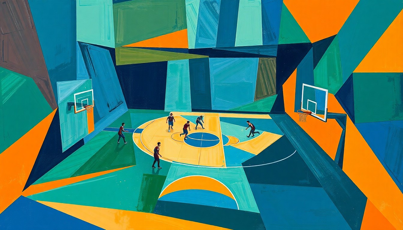A fragmented, cubist-style painting depicting a basketball court and players broken down into overlapping geometric shapes and planes in a palette of blues, greens, and oranges, conveying the multifaceted impact of a veteran leader on a young team.